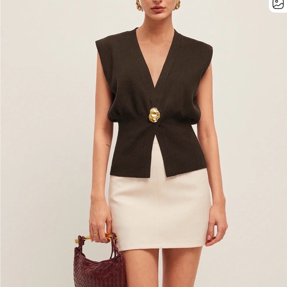 Commense V-Neck Buttoned Detail Sweater Vest with Gold Accent - Dark Brown, Med
